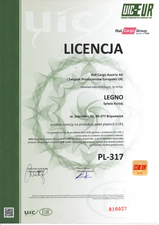 Pierwsza strona licencji UIC na produkcję palet EUR1