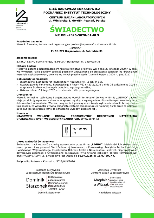 Pierwsza strona świadectwa IPPC i ISPM 15